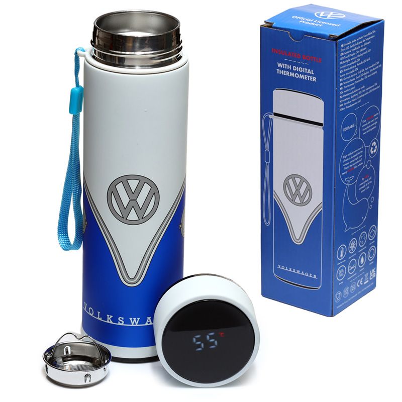 Volkswagen VW T1 Camper Reusable Stainless Steel Thermal Insulated Drinks Bottle With Digital Thermometer - Blue